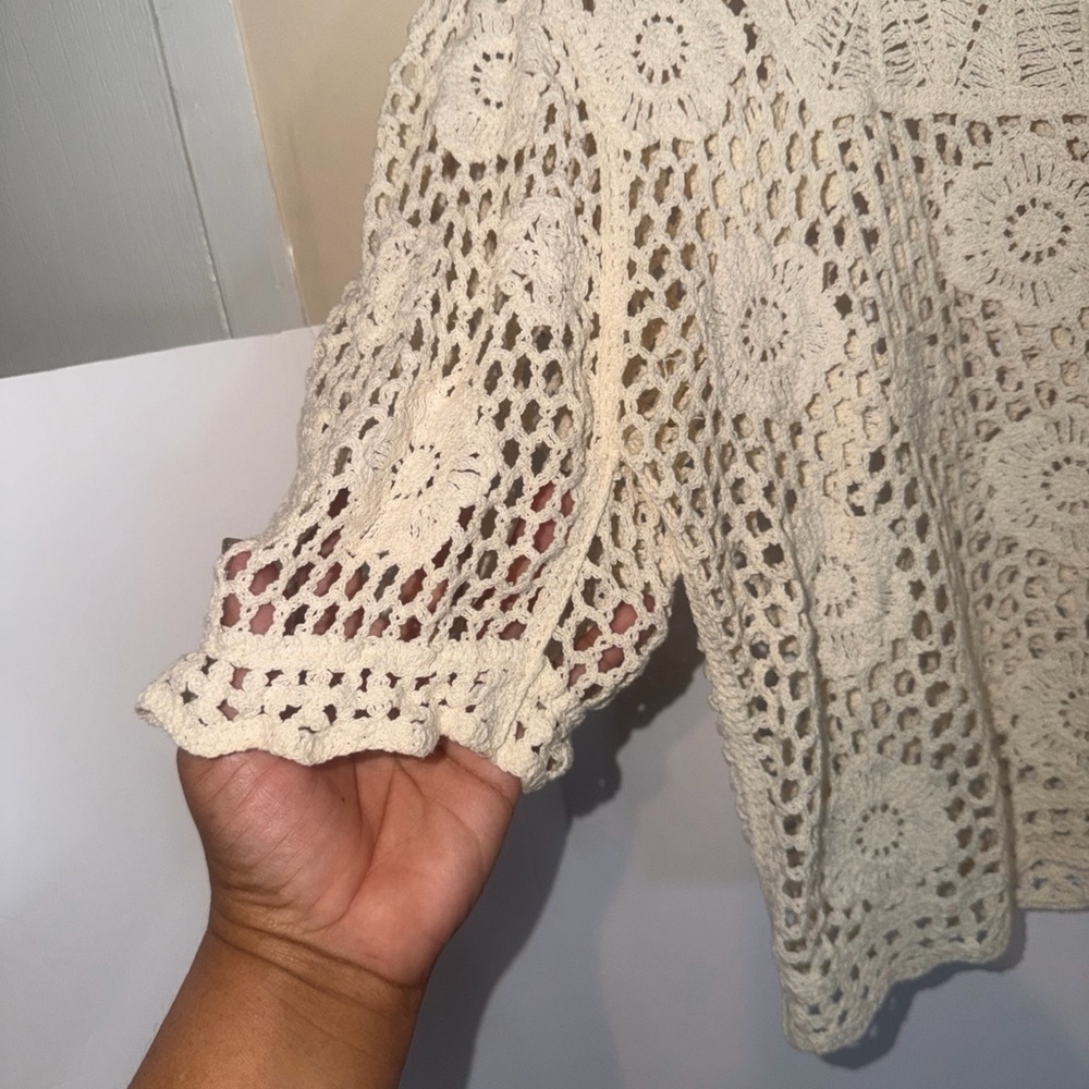 Chic Cream Crochet Button-Up Blazer - Picture 5 of 9